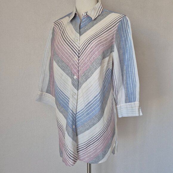 Chico's No Iron Linen Button-Up Shirt 3/4 Sleeve Multicolor Stripe - Picture 2 of 9